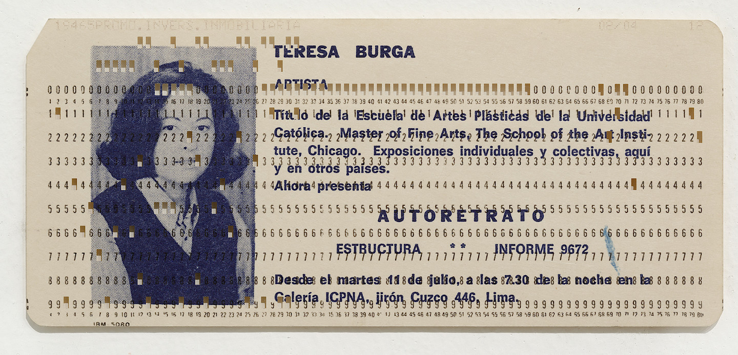 Teresa Burga, Autorretrato (Einladungskarte), 1972, Druck auf Karton (Lochkarte), 8.2 x 18.7 cm, Sammlung Migros Museum für Gegenwartskunst