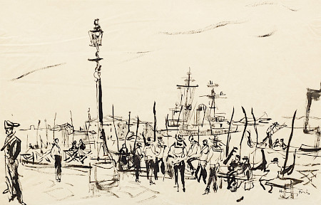 Hanny Fries: Der Standplatz der Gondolieri. Venedig, um 1954, Tusche auf Papier, Inv.Nr. HF 645. Foto: Reto Pedrini © Stiftung Righini-Fries, Zürich.