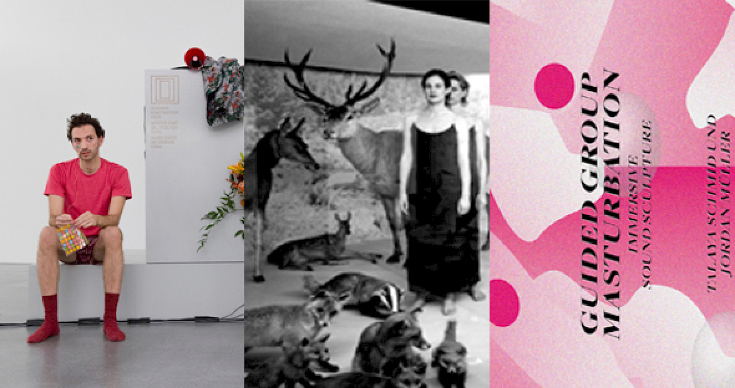 (Bild: Robert Steinberger, Performance «Achtung», Bündner Kunstmuseum, 2019, Foto: Esther Nora Mathis, JOKO Karin Jost, Regula J. Kopp, Performance «connected hypothetical collection», Kunsthaus Glarus, 1996, Foto: FBM Studio Zürich, Talaya Schmid, «GUIDED GROUP MASTURBATION - Immersive Sound Skulptur»)