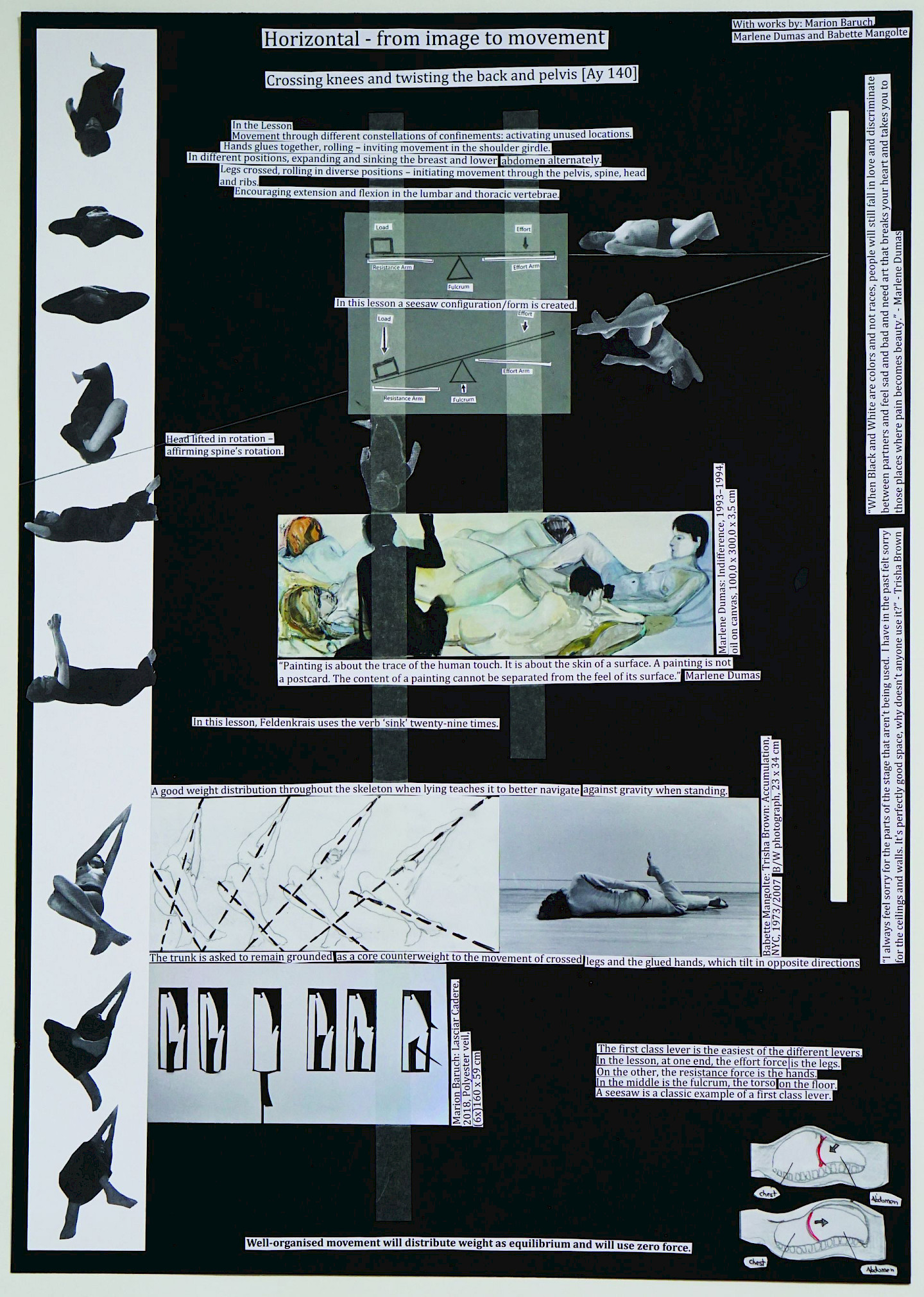 Yael Davids, Horizontal – from image to movement, Chart für die Feldenkrais-Lektion mit Werken aus der Sammlung, 2021, Collage, Bleistift und Filzstift auf Papier, Courtesy the artist
