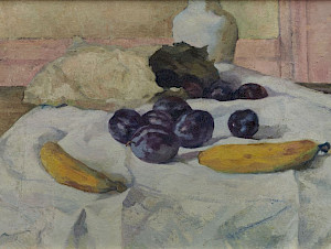 Willy Fries: Ohne Titel [Stillleben mit Bananen und Zwetschgen], um 1922, Öl auf Karton, Inv.Nr. WF 254. Foto: Reto Pedrini © Stiftung Righini-Fries Zürich