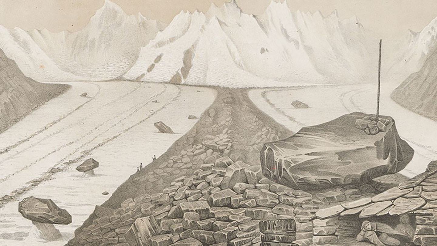 Unter-​Aar-Gletscher. Oberer Theil mit der Hütte des Herrn Hugi. Tafel 14. Aus Louis Agassiz: Untersuchungen über die Gletscher. Solothurn, 1841. Rar 5772.