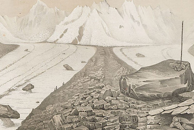Unter-​Aar-Gletscher. Oberer Theil mit der Hütte des Herrn Hugi. Tafel 14. Aus Louis Agassiz: Untersuchungen über die Gletscher. Solothurn, 1841. Rar 5772.