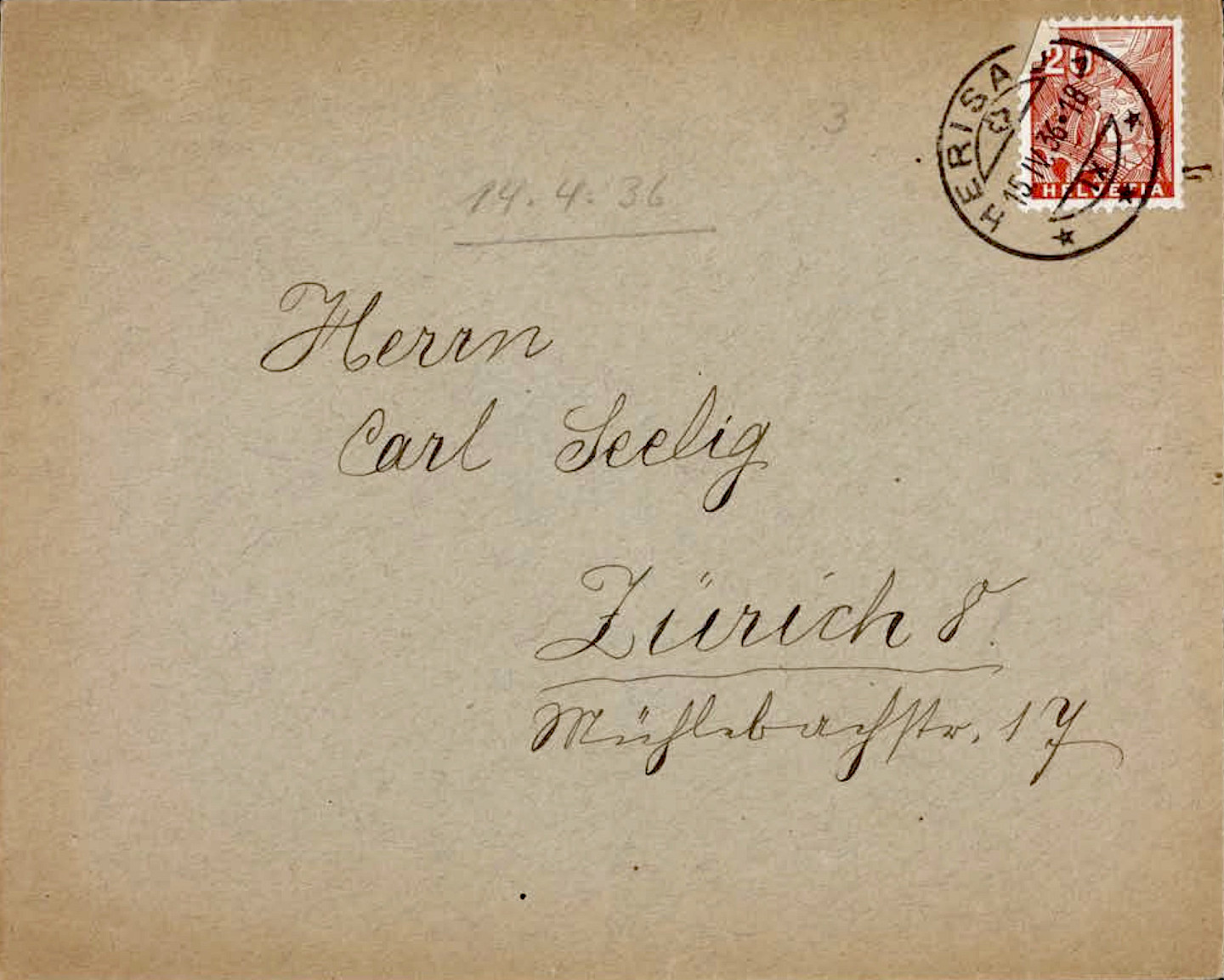 Briefumschlag Walser an Seelig, 1936, © Keystone/SDA, Robert Walser-Stiftung Bern