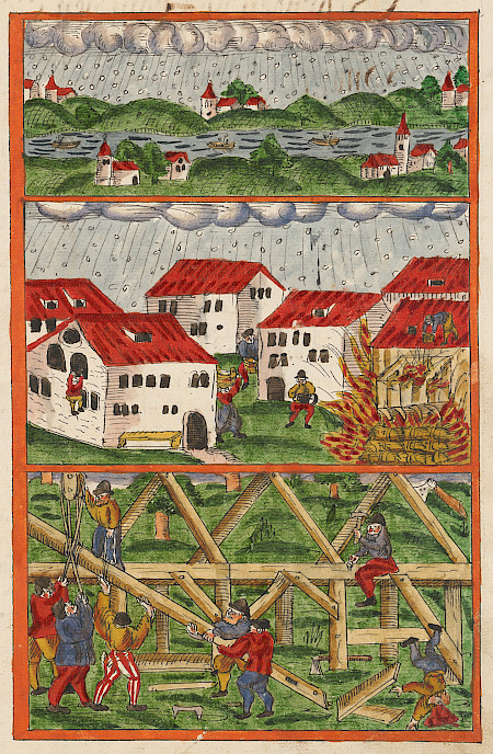 Bildlegende: 
Hagel in Herrliberg (oben), Unwetter mit Feuer (unten) in Wipkingen, Juni 1586. ZB,