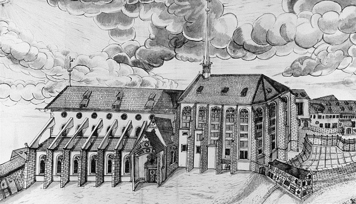 Die Predigerkirche in einer Zeichnung von Gerold Escher um 1700.  © Stadt Zürich, Amt für Städtebau, Archäologie und Denkmalpflege.