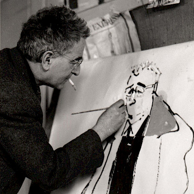 Varlin malt sein Selbstbildnis für das Plakat zu seiner Ausstellung in St. Gallen, 1958. Foto von Leo Gantenbein. © P. Guggenheim, Bondo