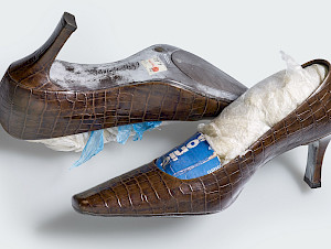 Verschiedene Schuhe aus der Sammlung des Völkerkundemuseums UZH führen als roter Faden durch die Ausstellung. Im Bild: Pumps, Modell «Michelle D», vom Karume-Markt für Secondhand-Kleidung in Daressalam (Tansania). Namen wie «Grossmutterschuh» oder «schicke Schwester» sind Teil der Verkaufsstrategie der Schuhhändler. Inv.-Nr. 33894a/b. Foto: Kathrin Leuenberger, 2026.